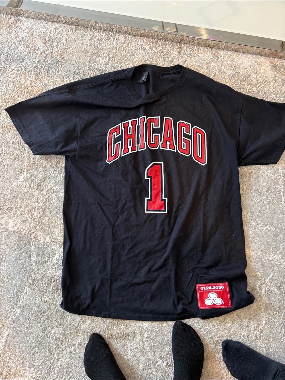 Gildan Black Tee with Red Chicago Graphic and Number 1